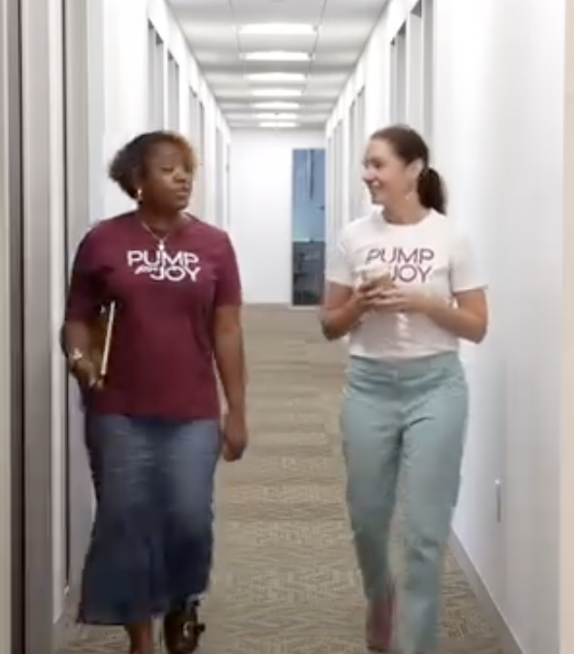 Erin and Vanessa walking together in Pump For Joy tees
